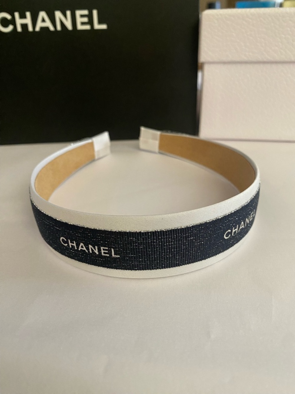 CHANEL Ribbon Shimmering Navy and White Logo Headband